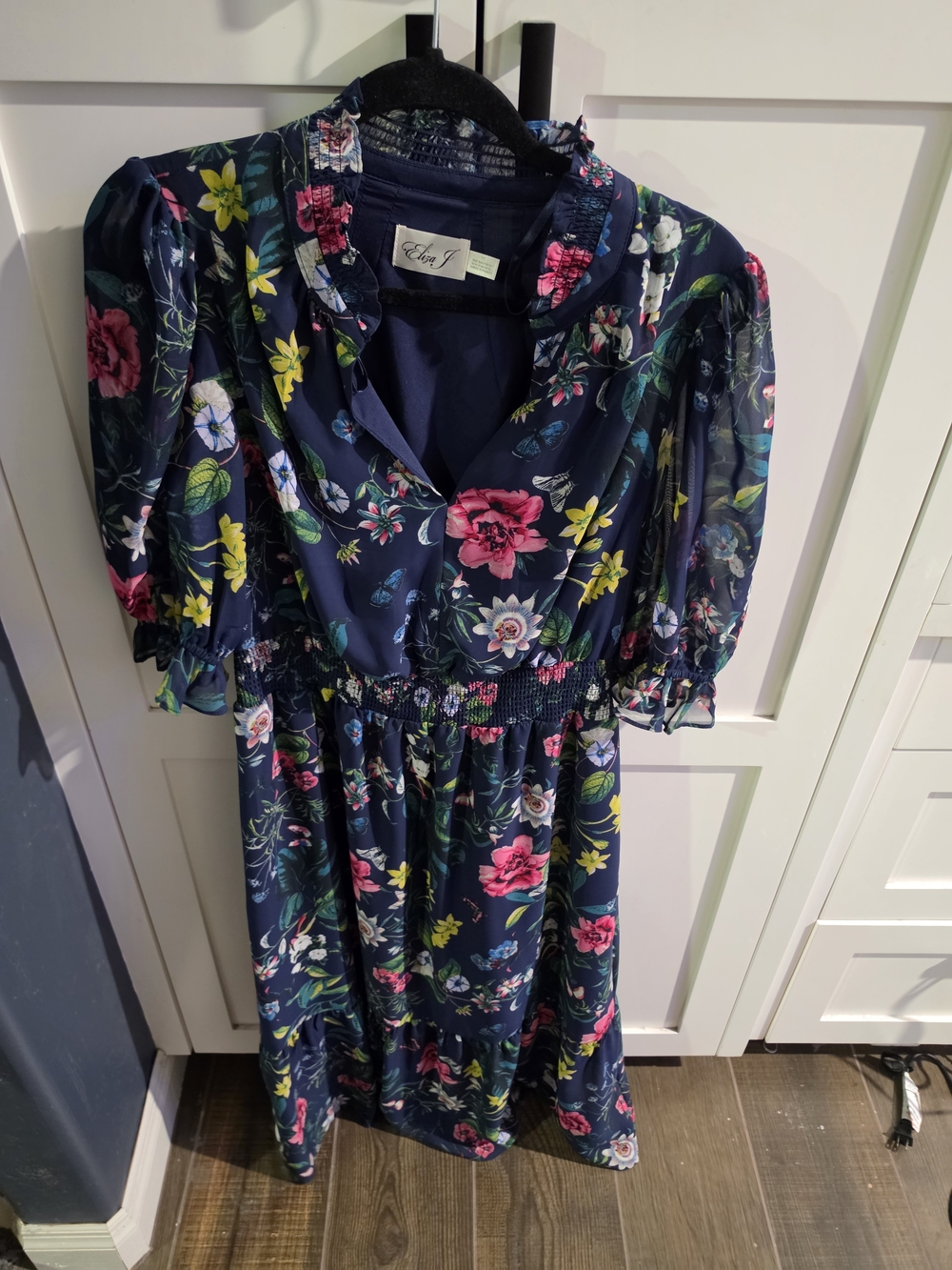 Eliza J Navy Floral Midi Dress with Pink & Yellow Blooms